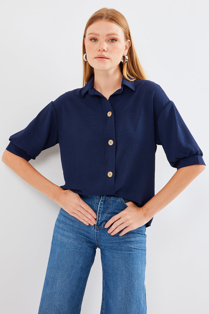 BGD Women Short Sleeve Oversize Linen Shirt 20240 - Navy Blue - Avondale