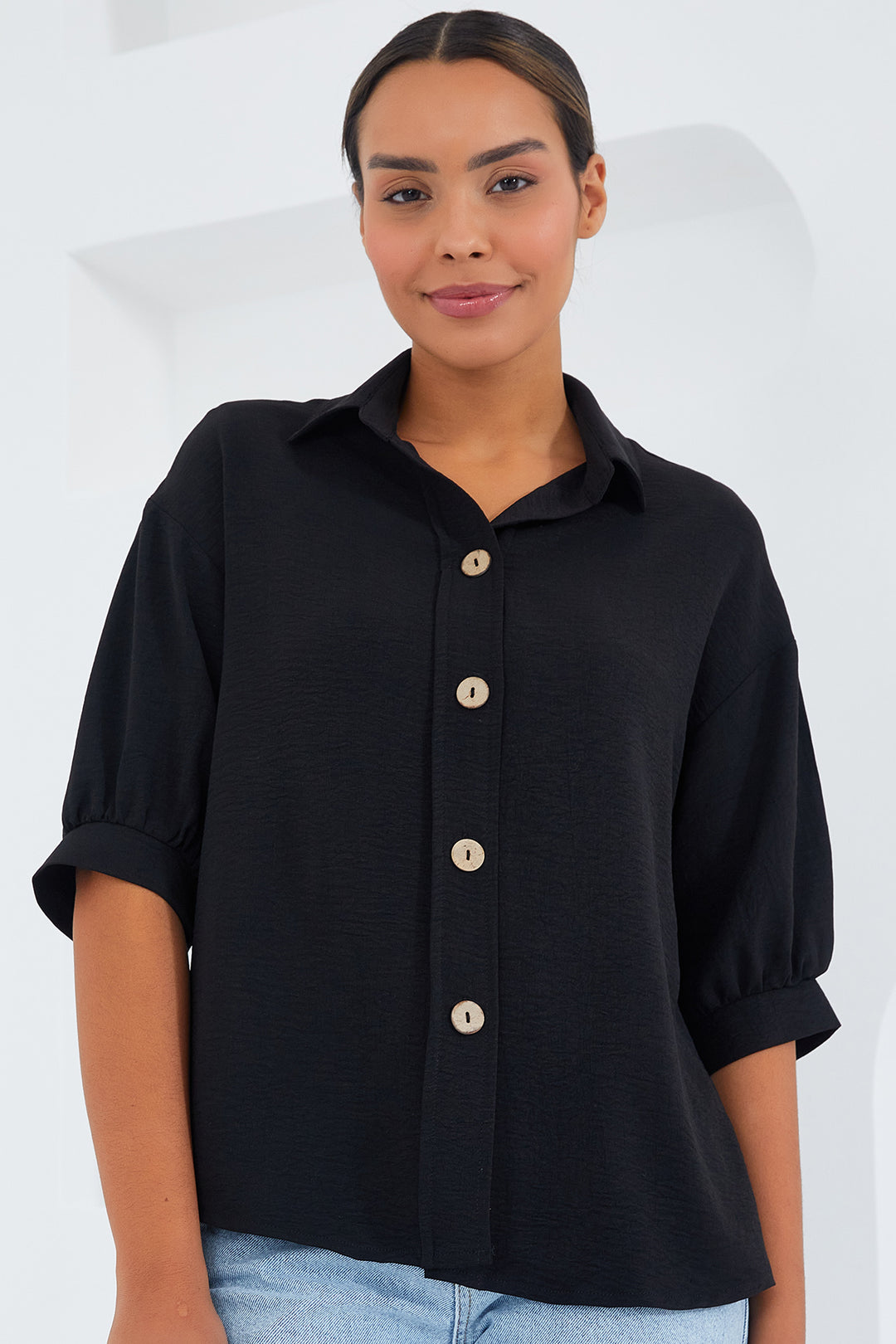 BGD Women Woman Black Short Sleeve Oversized Linen Shirt 20240 - Avondale