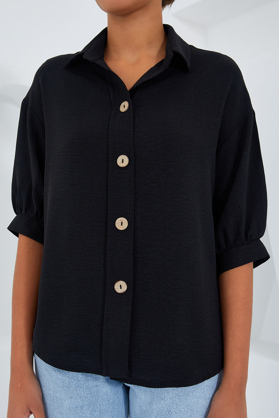 BGD Women Woman Black Short Sleeve Oversized Linen Shirt 20240 - Avondale