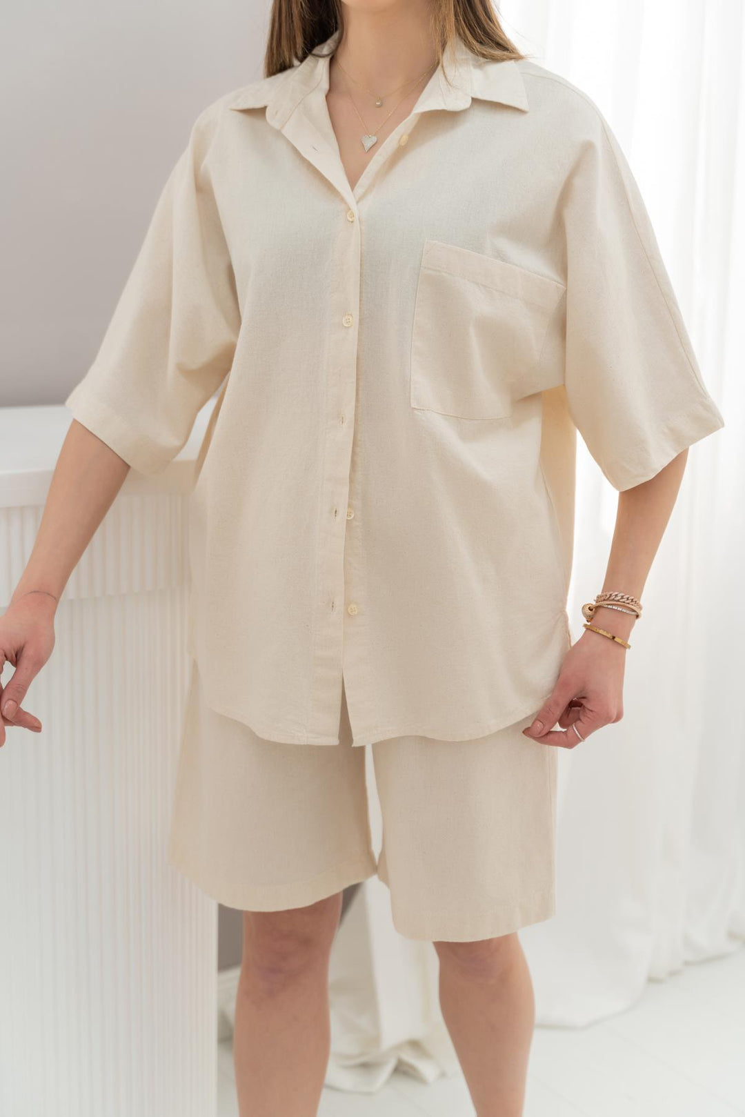 ELS Short-Sleeved Linen Shirt and Shorts Set - Beige - Giurgiu