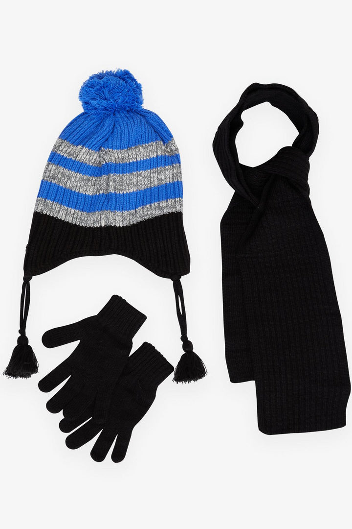 BRE Boys Scarf Hat Set 3 Piece Style Crested Pom Pom 4-8 Years, Black - Maastricht