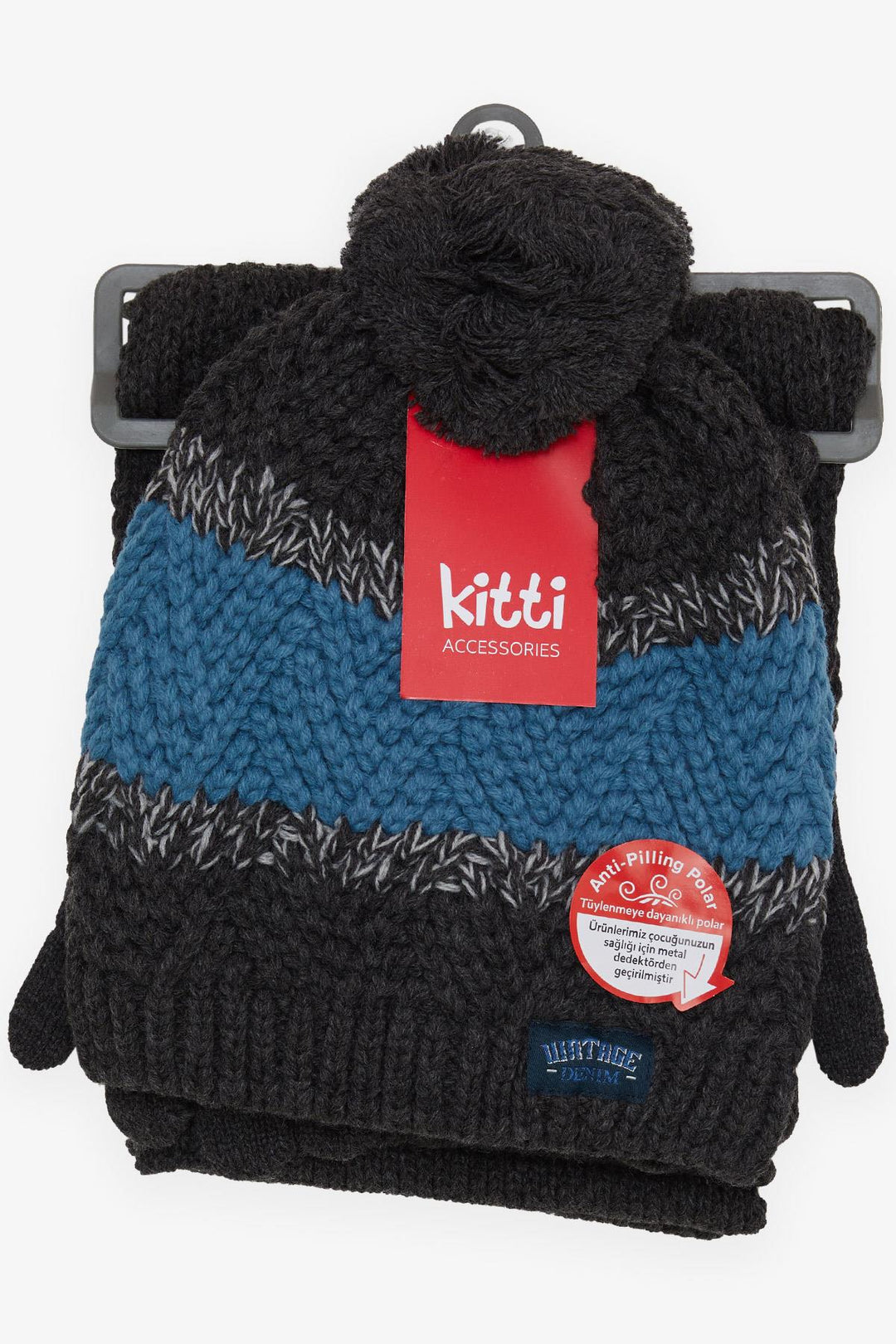 BRE Kitti Boy's Scarf Beanie Set 3 Piece Armored Pom Pom 95 Years, Anthracite - La Mesa