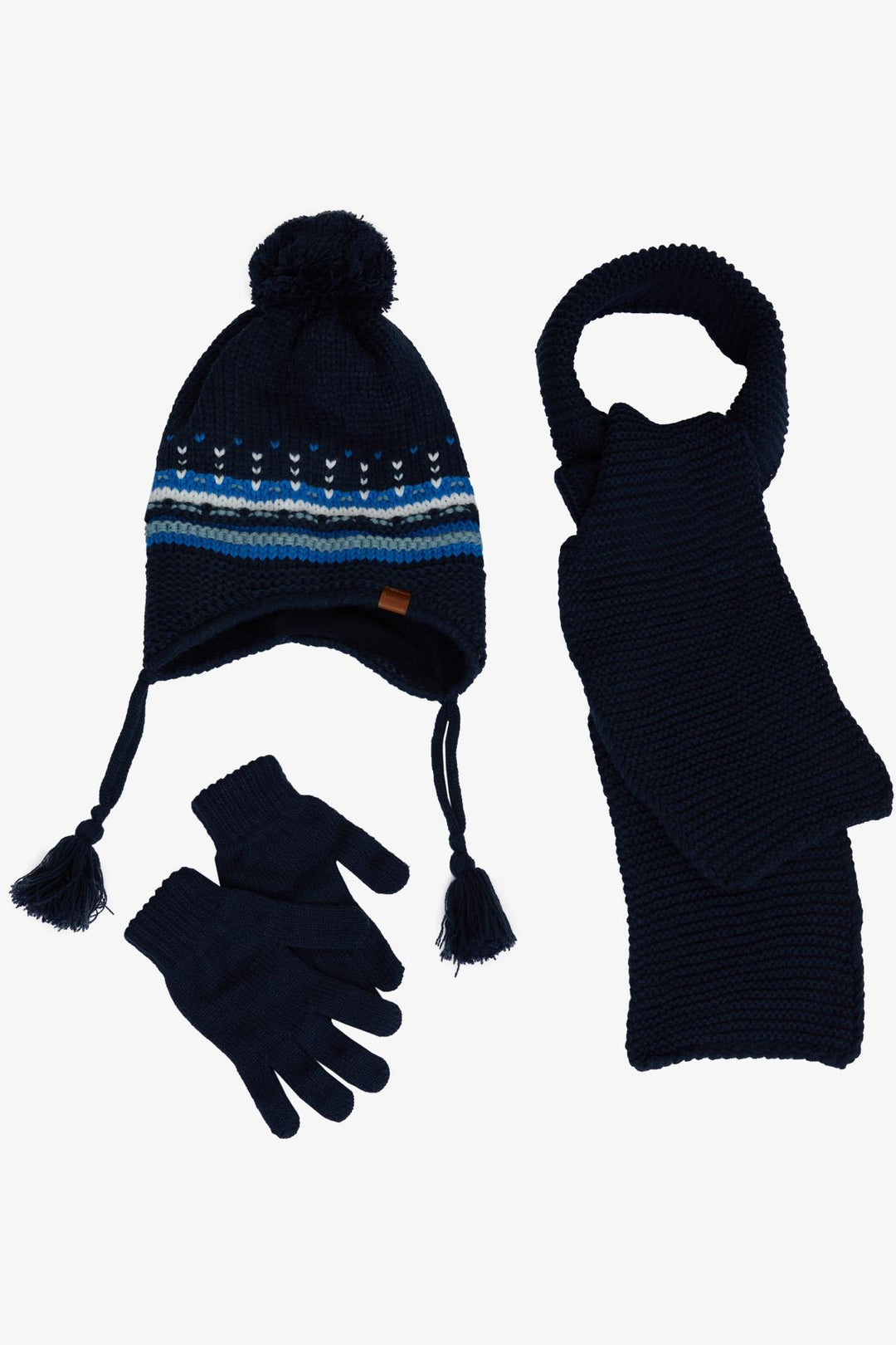 BRE Boys' Scarf Hat Set 3 Piece Armored Pom Pom 4-8 Years, Navy Blue - Bridlington