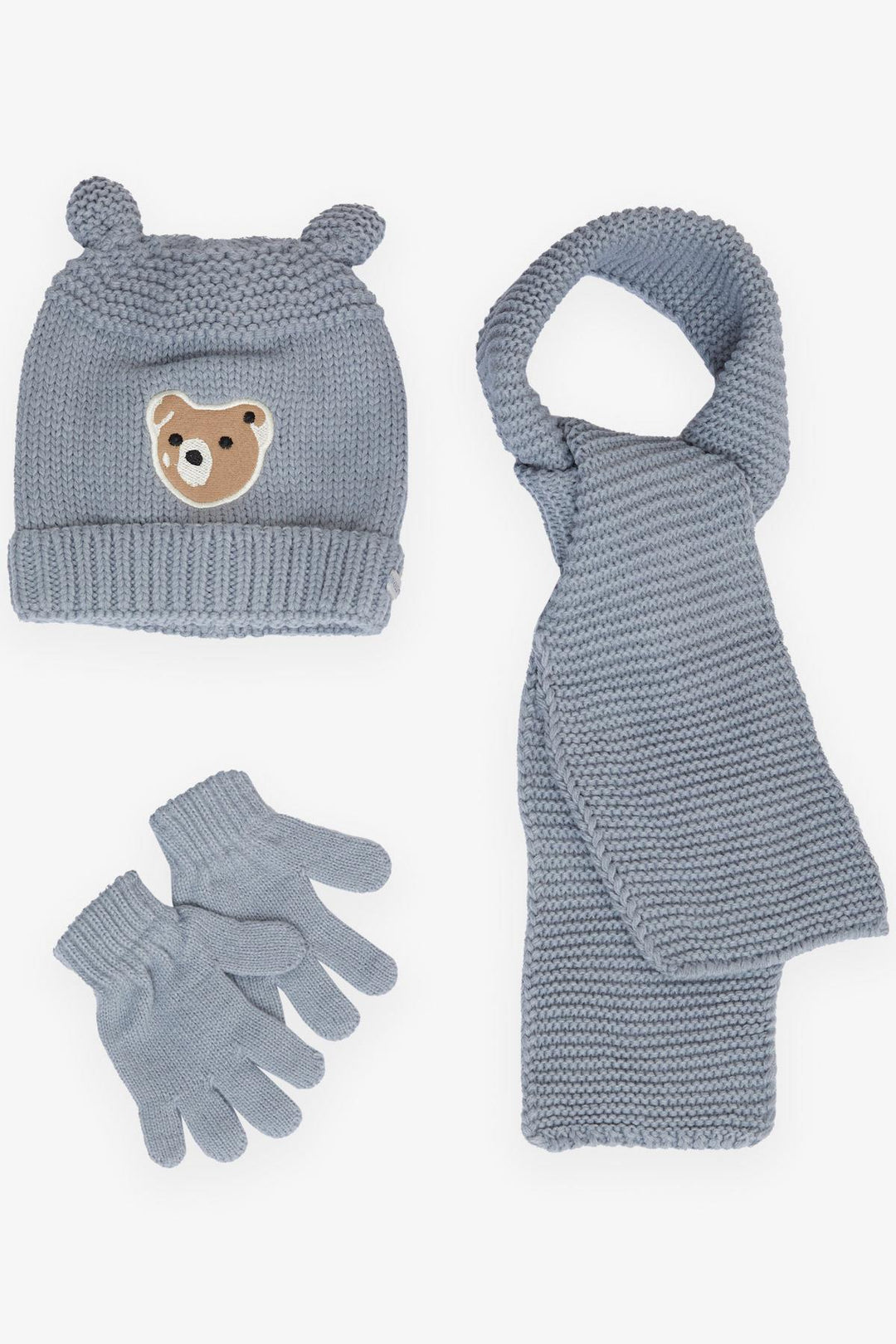 BRE Kitty Boy Child Scarf Hat Set 3 Piece Cute Bear Embroidered 1-4 Years, Gray - Zalău