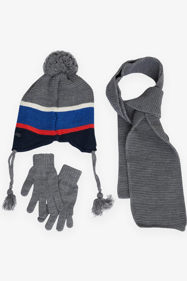 BRE Boys' Scarf Hat Set 3 Piece Pom Pom Embroidered 4-6 Years, Gray - Pinto