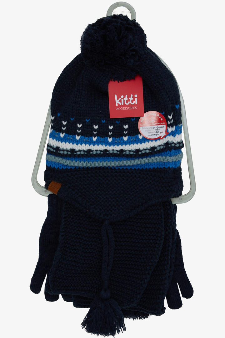 BRE Boys' Scarf Hat Set 3 Piece Armored Pom Pom 4-8 Years, Navy Blue - Bridlington