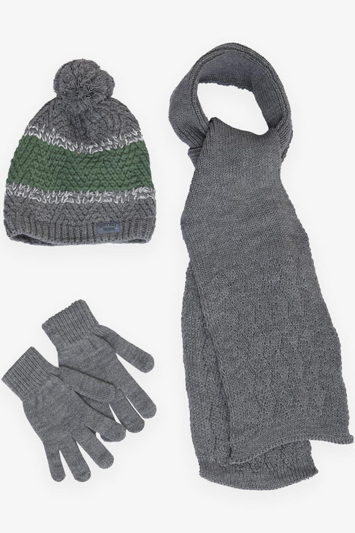 BRE Boys' Scarf Beanie Set 3 Piece Armored Pom Pom 95 Years, Gray - Bragadiru