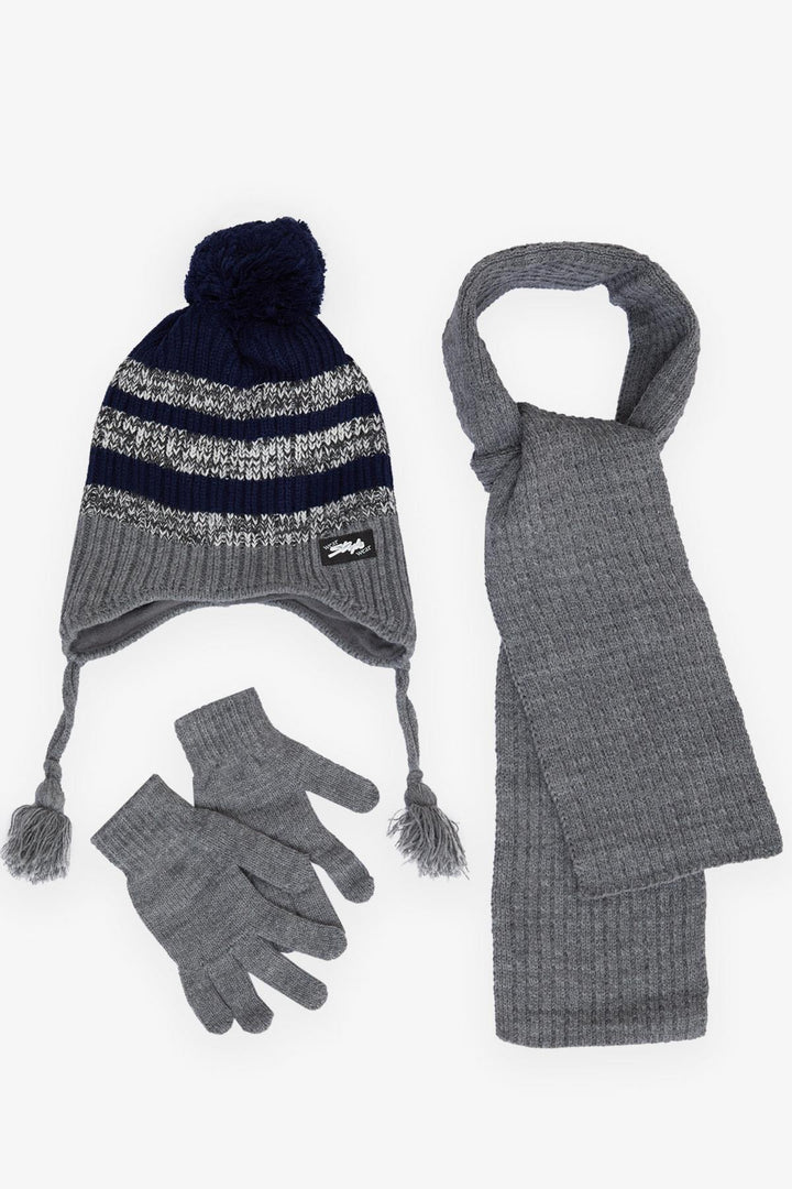 BRE Boys' Scarf Beanie Set 3 Piece Style with Emblem Pom Pom Dark Gray Melange 4-8 Years - Kalamazoo