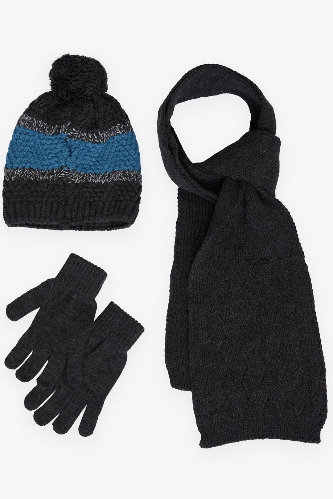 BRE Kitti Boy's Scarf Beanie Set 3 Piece Armored Pom Pom 95 Years, Anthracite - La Mesa