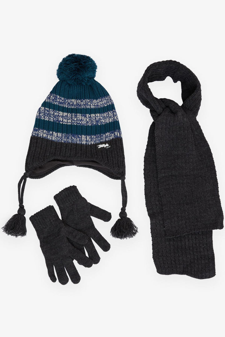 BRE Boys' Scarf Hat Set 3 Piece Style with Crest and Pom Pom Ages 4-8, Anthracite - Melle