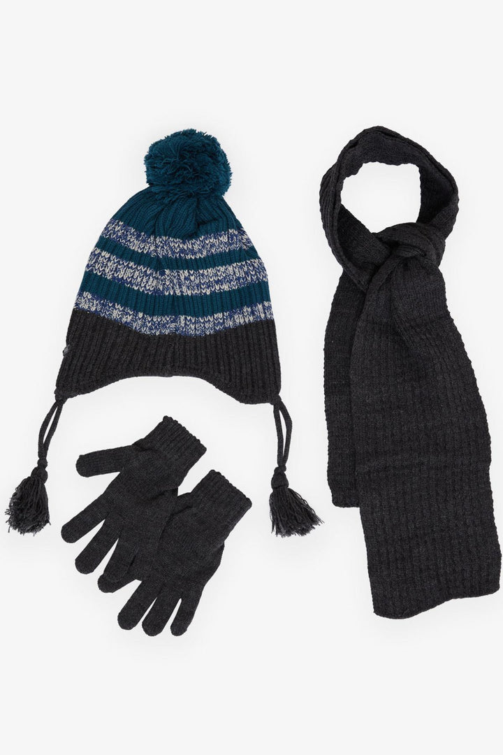 BRE Boys' Scarf Hat Set 3 Piece Style with Crest and Pom Pom Ages 4-8, Anthracite - Melle