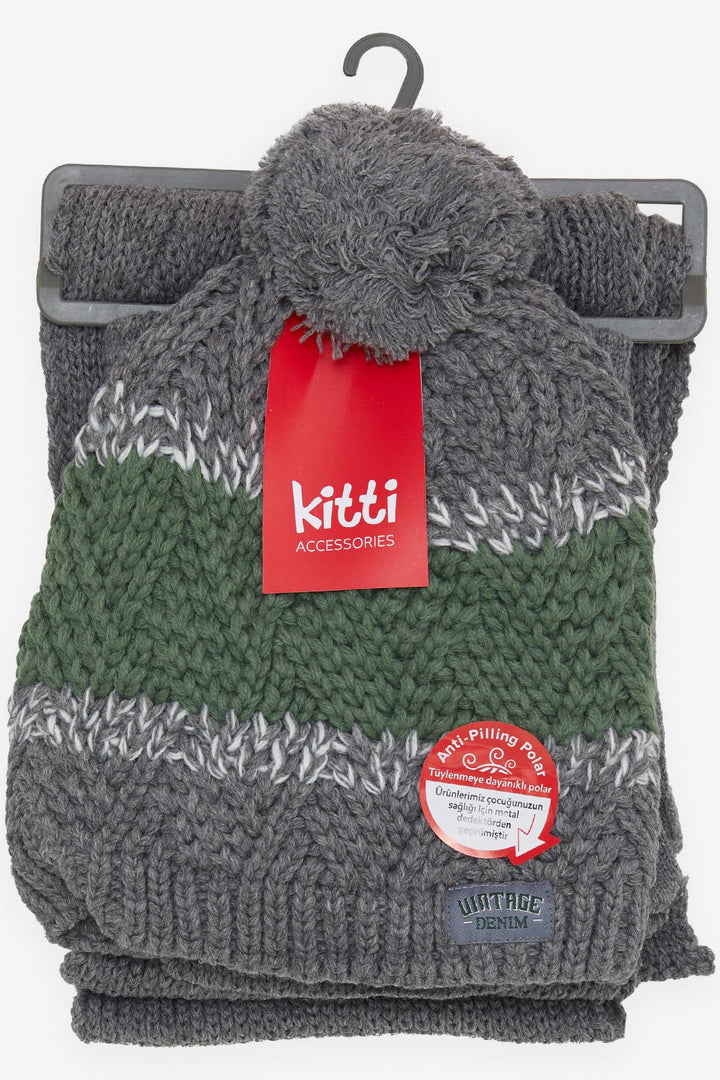 BRE Boys' Scarf Beanie Set 3 Piece Armored Pom Pom 95 Years, Gray - Bragadiru