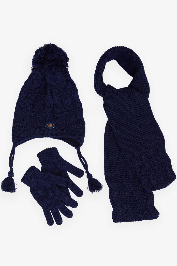 BRE Boys' Scarf Hat Set 3 Piece Pom Pom Embroidered 4-8 Years, Navy Blue - North Bethesda