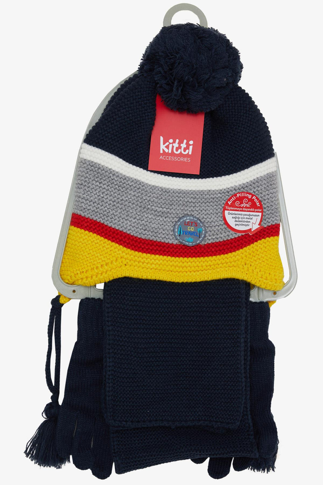 BRE Boys' Scarf Beanie Set 3 Piece Pom Pom Embroidered 4-8 Years, Navy Blue - Lille