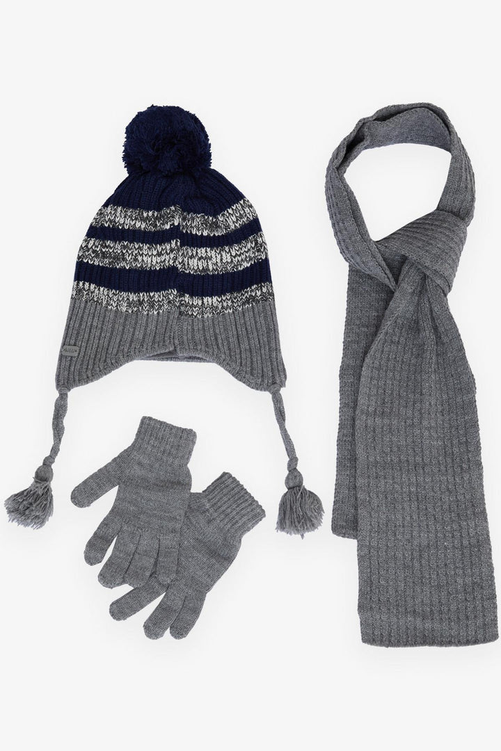 BRE Boys' Scarf Beanie Set 3 Piece Style with Emblem Pom Pom Dark Gray Melange 4-8 Years - Kalamazoo