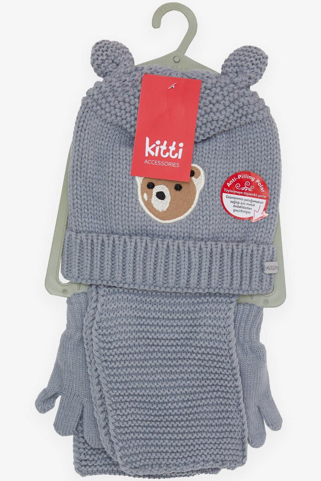 BRE Kitty Boy Child Scarf Hat Set 3 Piece Cute Bear Embroidered 1-4 Years, Gray - Zalău