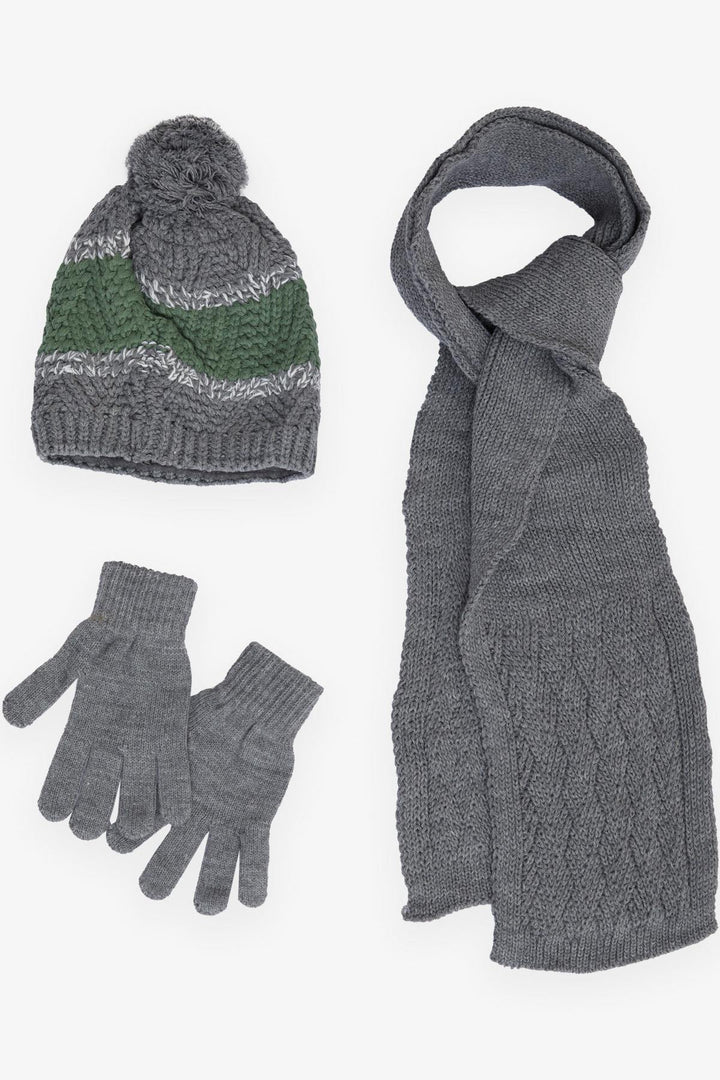 BRE Boys' Scarf Beanie Set 3 Piece Armored Pom Pom 95 Years, Gray - Bragadiru