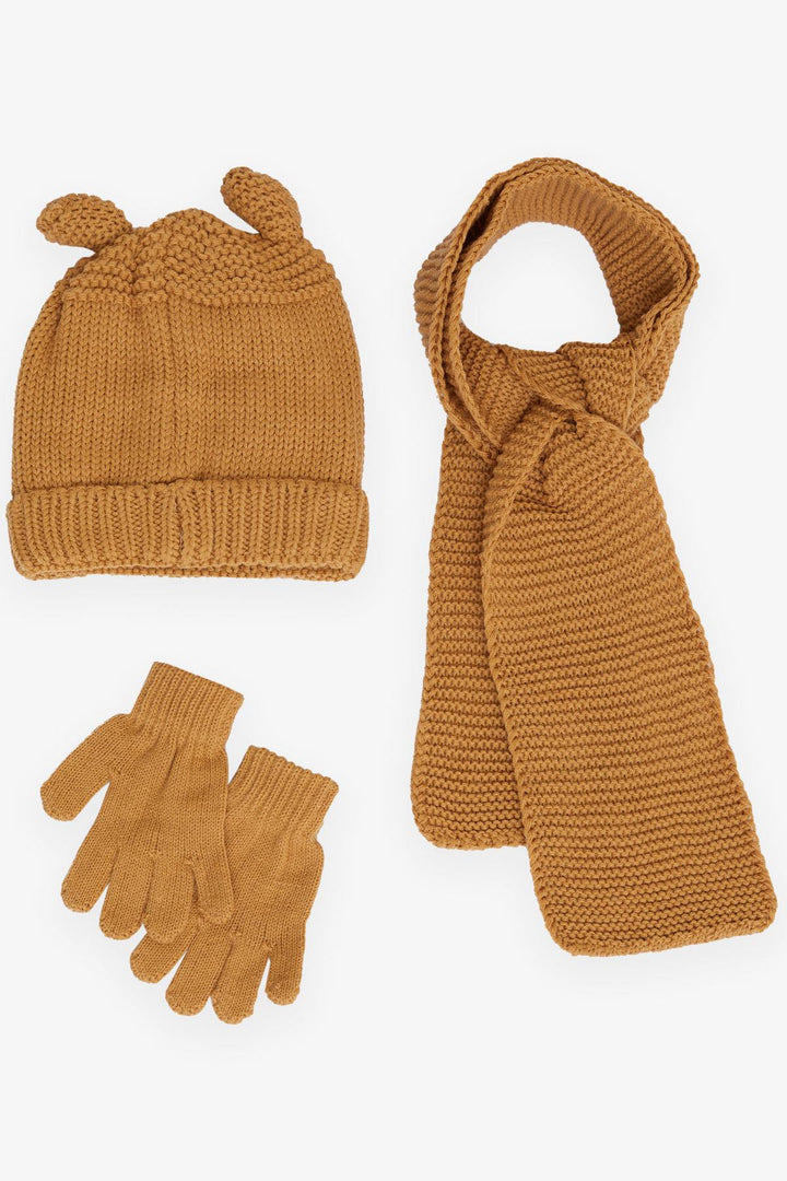 BRE Knitted Boy Child Scarf Hat Set 3 Piece Cute Bear Embroidered 1-4 Years, Brown - Severn