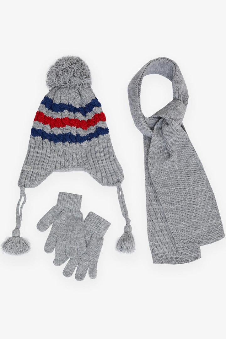 BRE Boys' Scarf Hat Set 3 Piece Armored Pom Pom Colorful Knitted Patterned 1-4 Years, Gray - The Woodlands