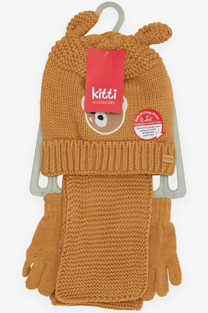 BRE Knitted Boy Child Scarf Hat Set 3 Piece Cute Bear Embroidered 1-4 Years, Brown - Severn