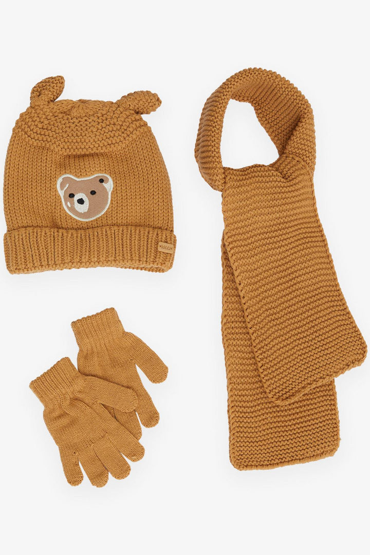 BRE Knitted Boy Child Scarf Hat Set 3 Piece Cute Bear Embroidered 1-4 Years, Brown - Severn