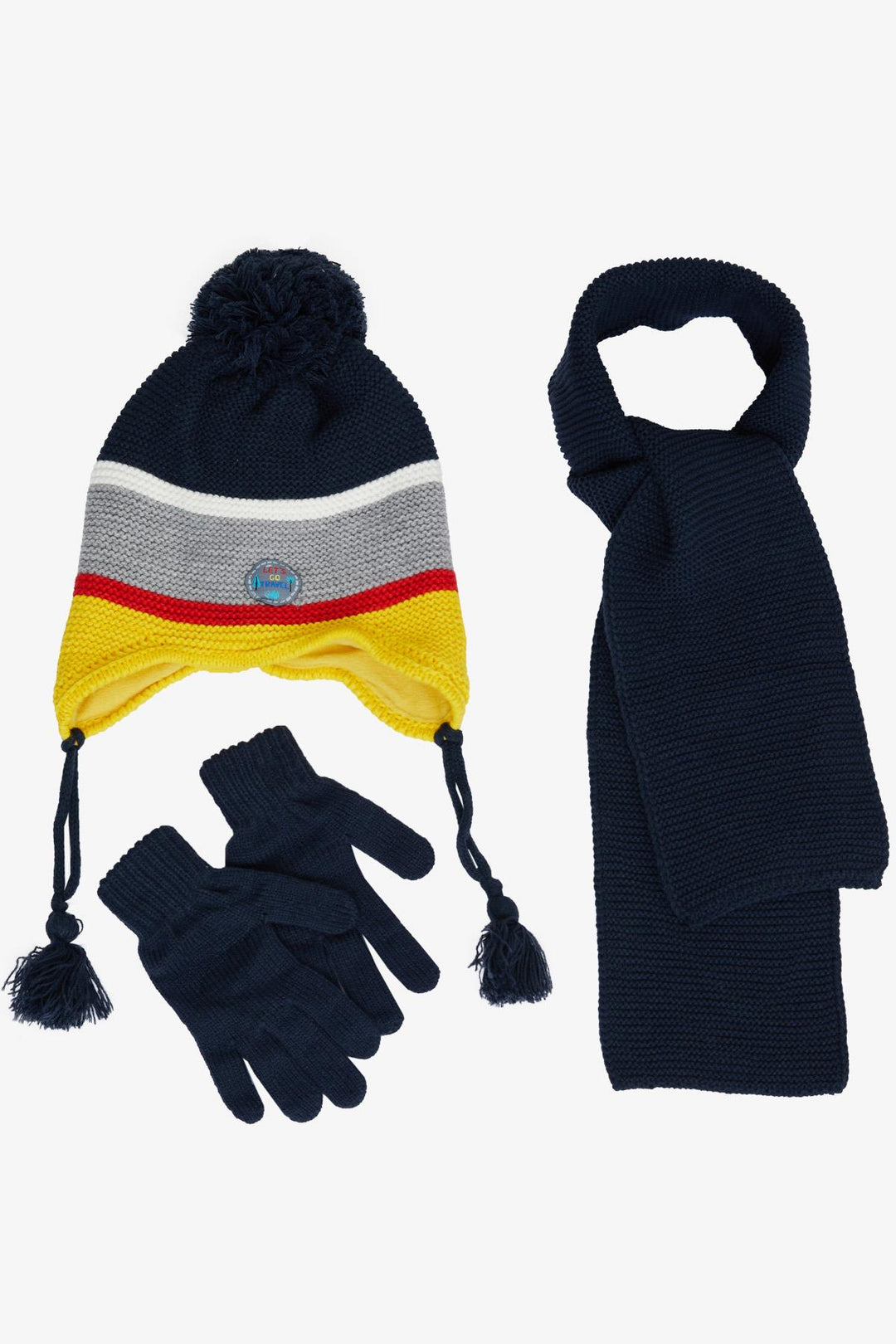 BRE Boys' Scarf Beanie Set 3 Piece Pom Pom Embroidered 4-8 Years, Navy Blue - Lille