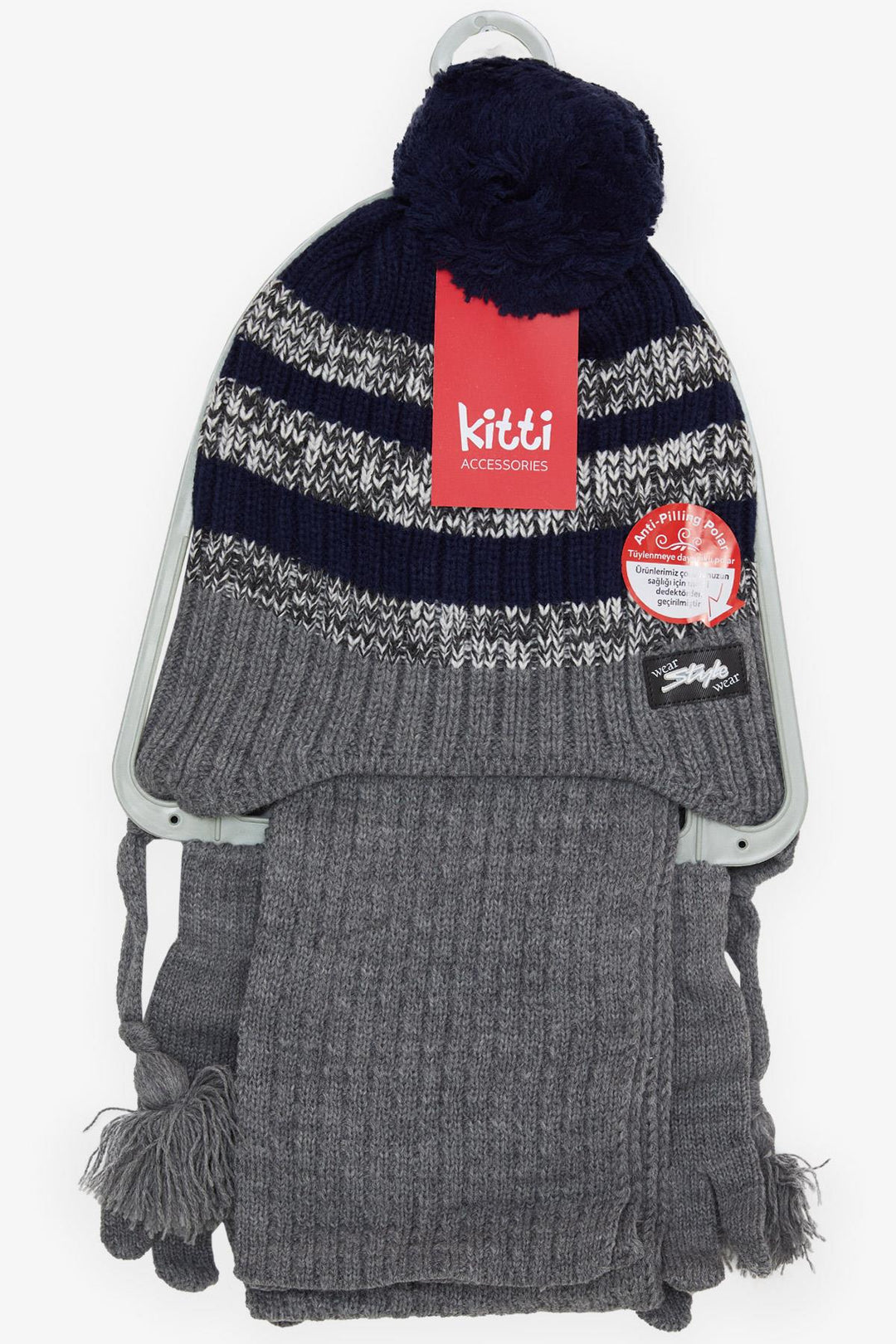 BRE Boys' Scarf Beanie Set 3 Piece Style with Emblem Pom Pom Dark Gray Melange 4-8 Years - Kalamazoo