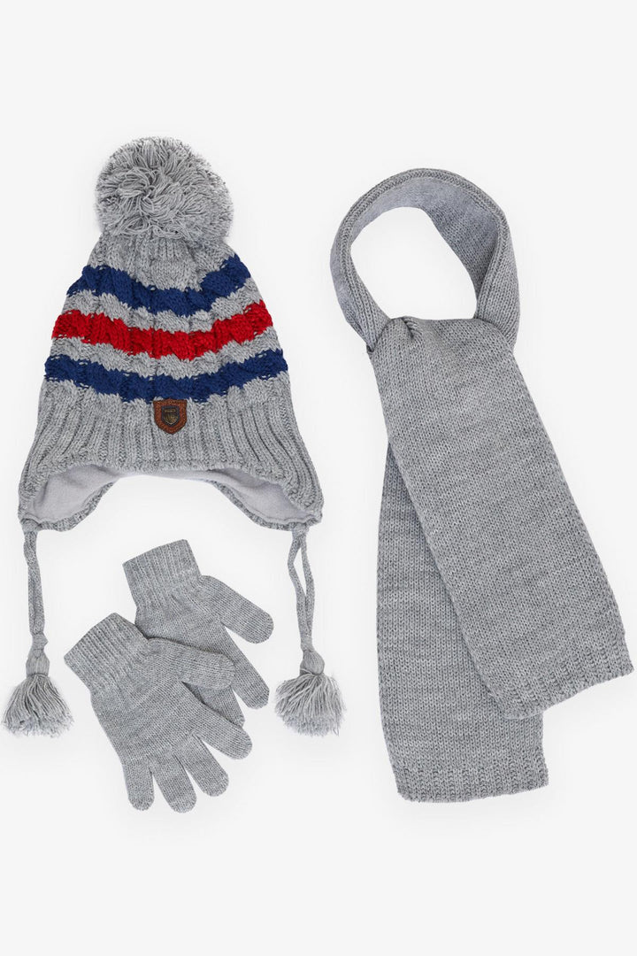 BRE Boys' Scarf Hat Set 3 Piece Armored Pom Pom Colorful Knitted Patterned 1-4 Years, Gray - The Woodlands