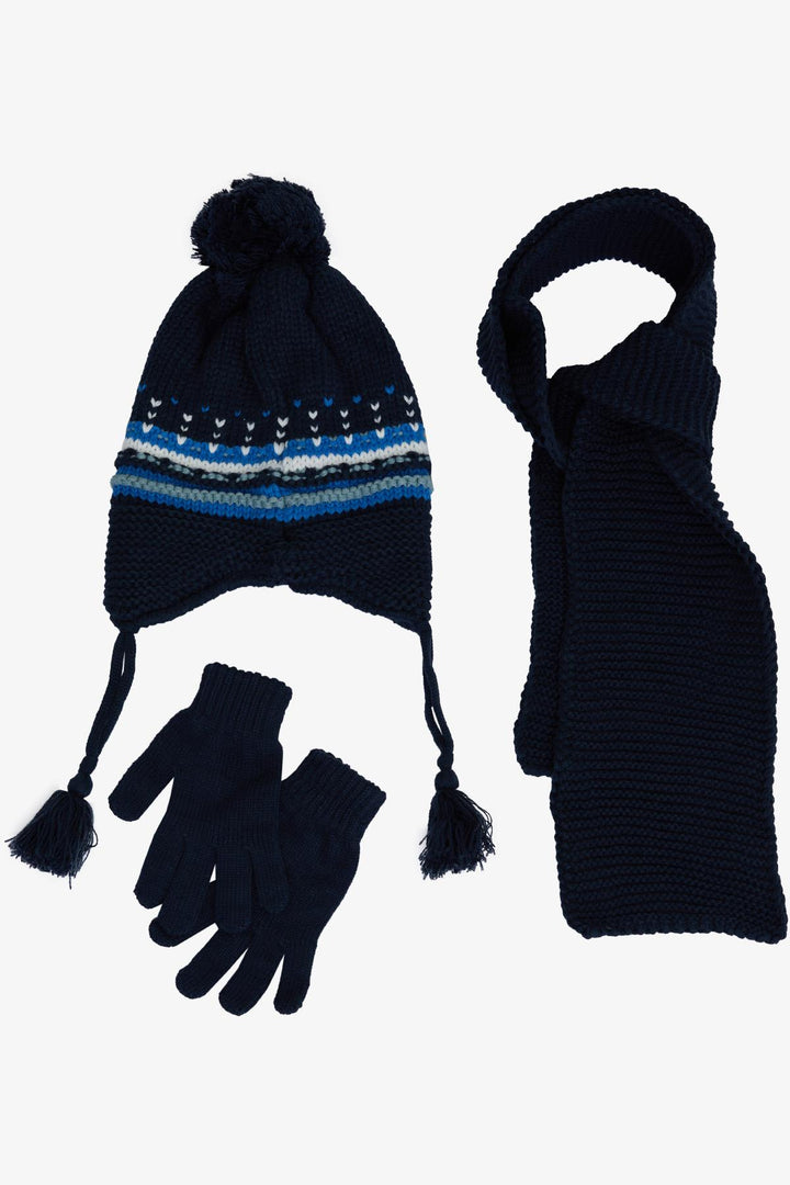 BRE Boys' Scarf Hat Set 3 Piece Armored Pom Pom 4-8 Years, Navy Blue - Bridlington