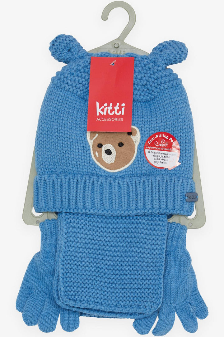 BRE Boys' Scarf Beanie Set 3 Piece Cute Bear Embroidered 1-4 Years, Saxe Blue - Bountiful