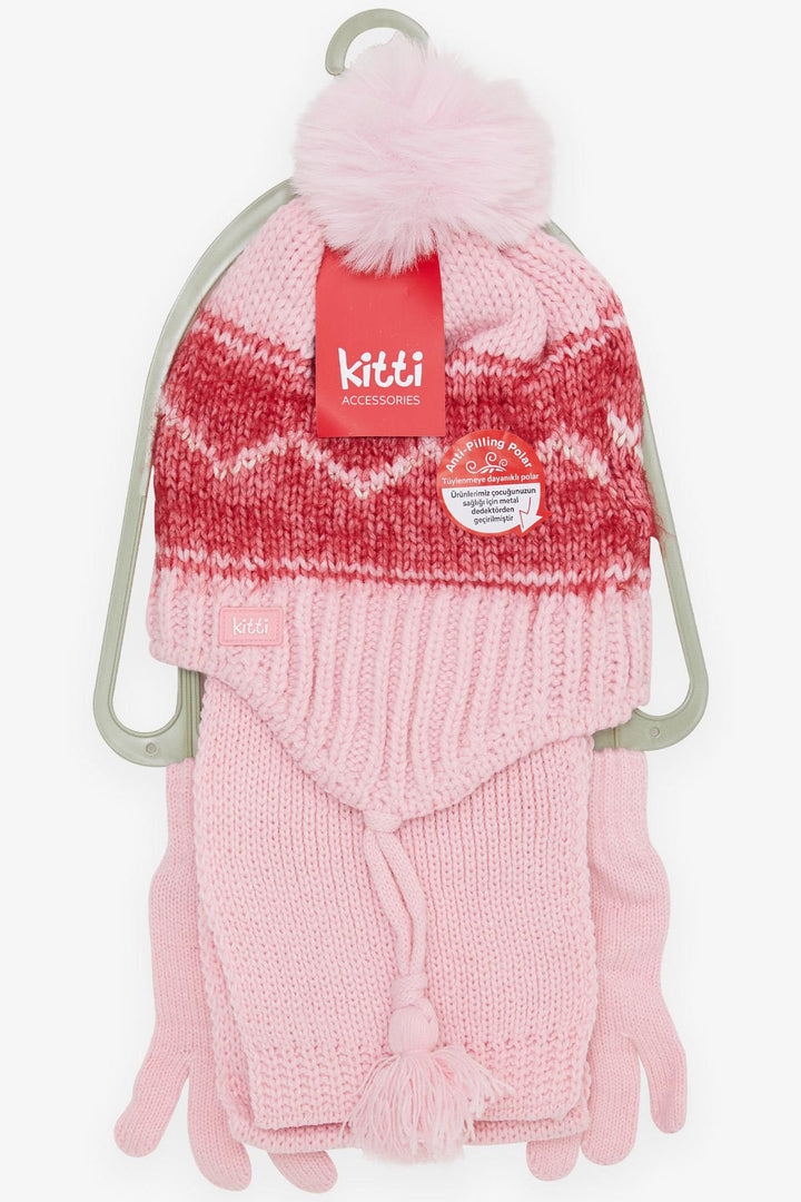 BRE Kitty Girl Child Scarf Hat Set 3 Piece Zigzag Patterned Pom Pom 4-8 Years, Pink - Chernivtsi