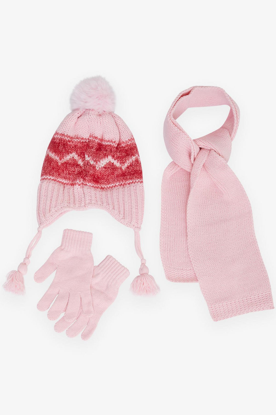 BRE Kitty Girl Child Scarf Hat Set 3 Piece Zigzag Patterned Pom Pom 4-8 Years, Pink - Chernivtsi