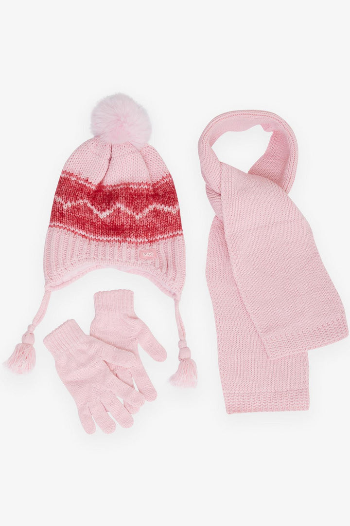 BRE Kitty Girl Child Scarf Hat Set 3 Piece Zigzag Patterned Pom Pom 4-8 Years, Pink - Chernivtsi