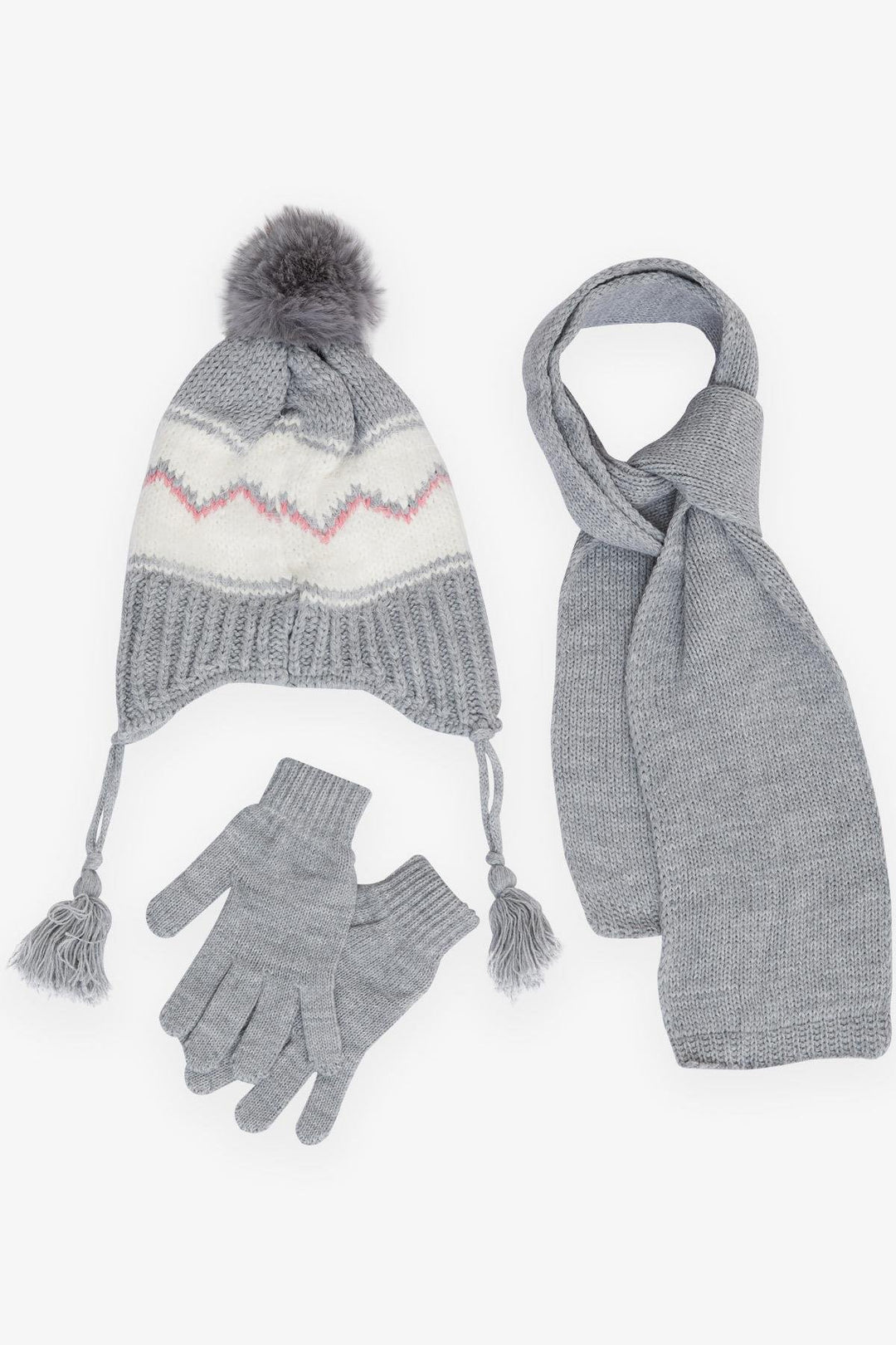 BRE Kitty Girl Child Scarf Hat Set 3 Piece Zigzag Patterned Pom Pom 4-8 Years, Gray - Sterling Heights