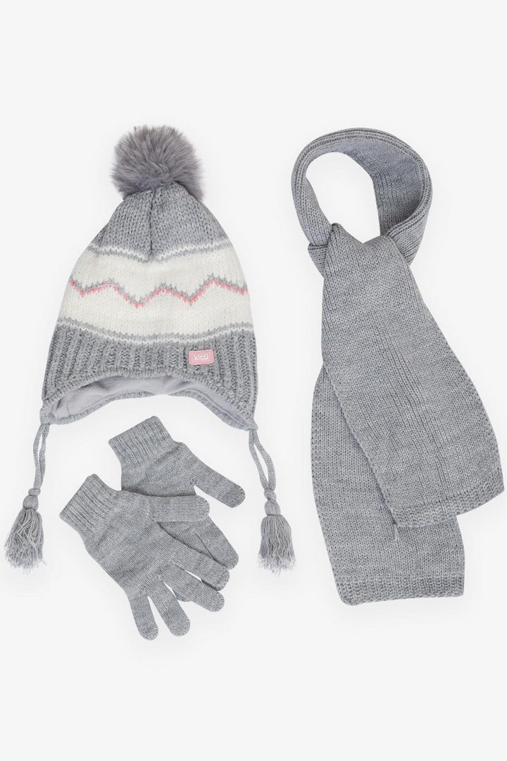 BRE Kitty Girl Child Scarf Hat Set 3 Piece Zigzag Patterned Pom Pom 4-8 Years, Gray - Sterling Heights