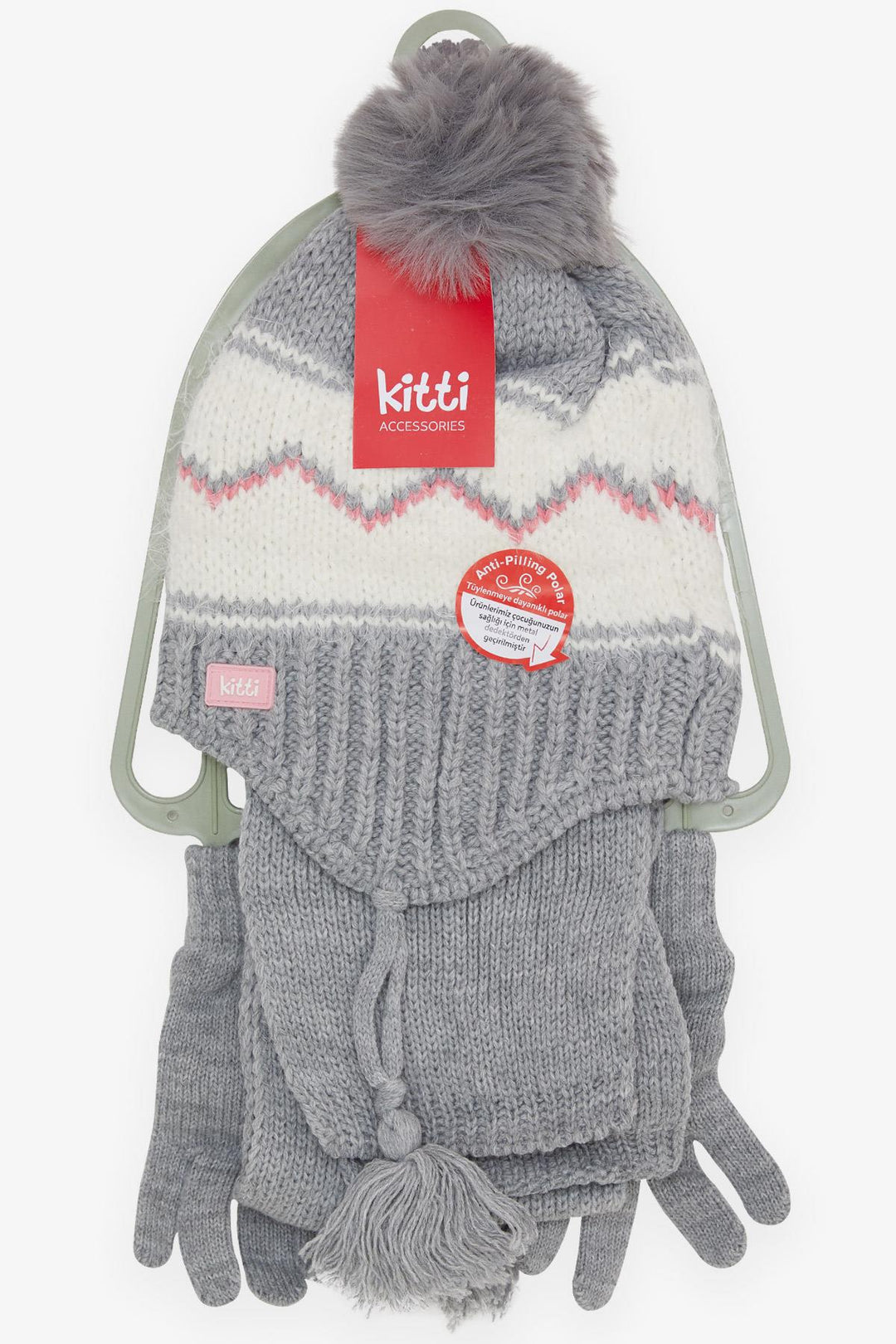 BRE Kitty Girl Child Scarf Hat Set 3 Piece Zigzag Patterned Pom Pom 4-8 Years, Gray - Sterling Heights