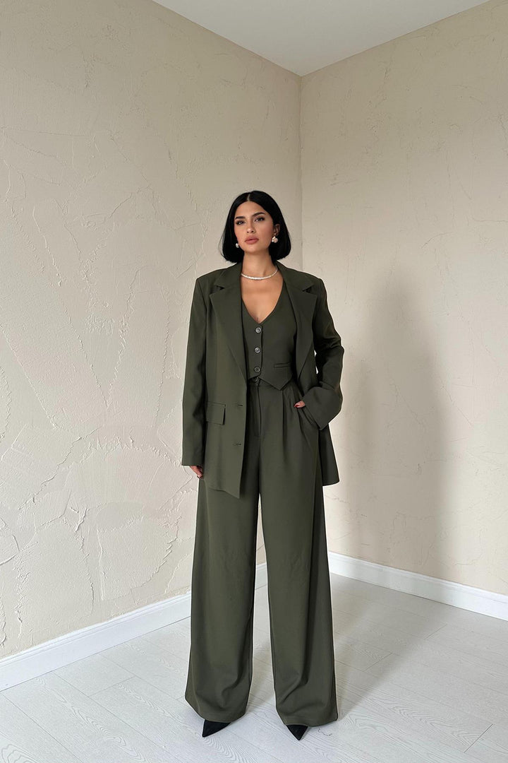 ELS Classy Jacket and Vest and Pants Suit - Khaki - Lawton