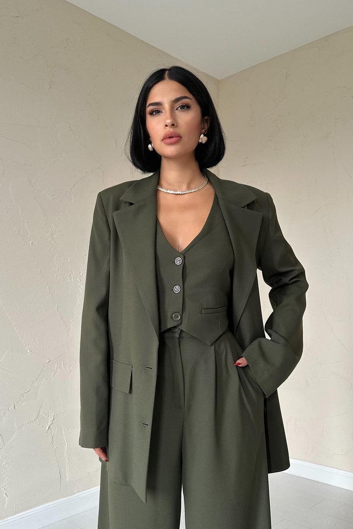 ELS Classy Jacket and Vest and Pants Suit - Khaki - Lawton