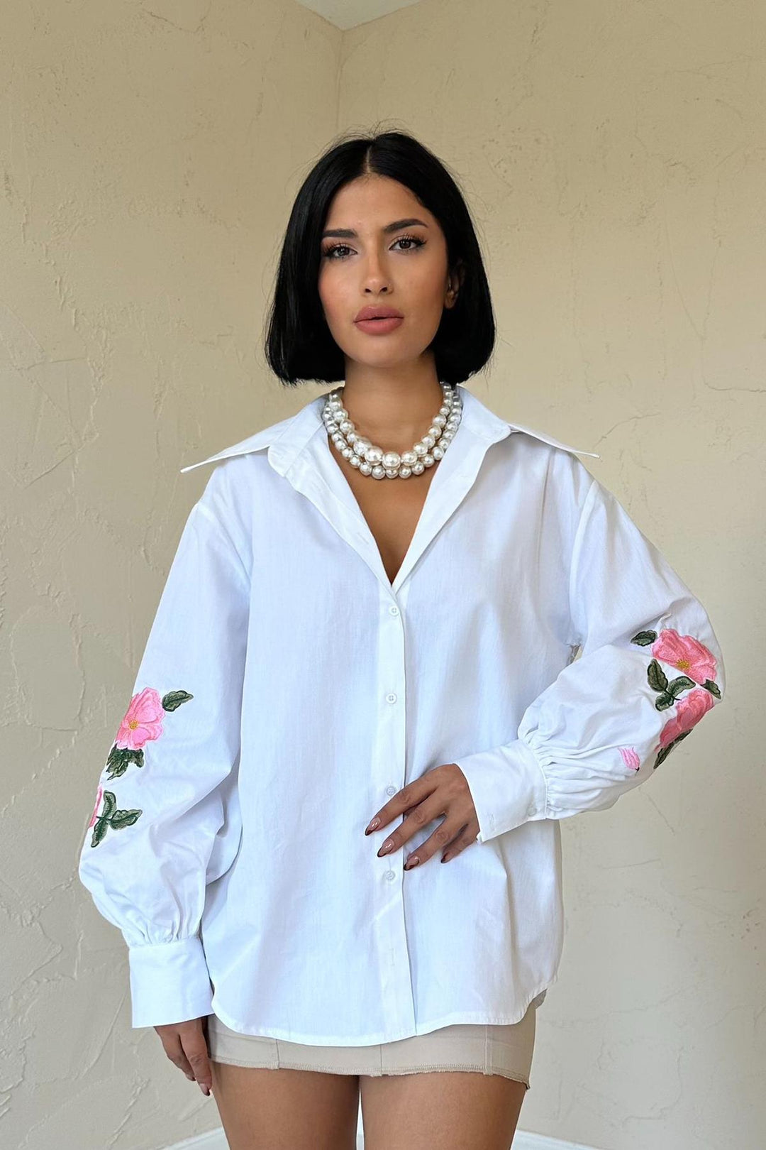 ELS Shirt with Rose Embroidery on Sleeves - White - Poinciana