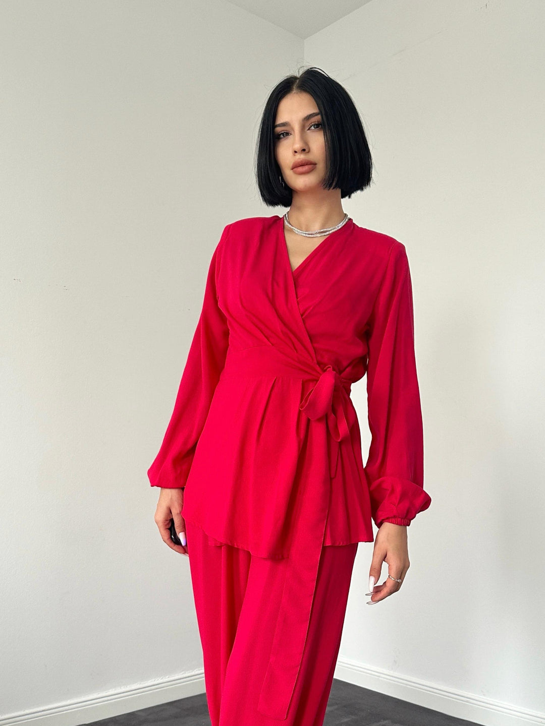 ELS Belted Detailed Two-Piece Set - Fuchsia - Montélimar