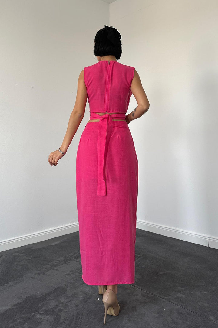 ELS Belted Crop Top and Skirt Set - Fuchsia - Morden