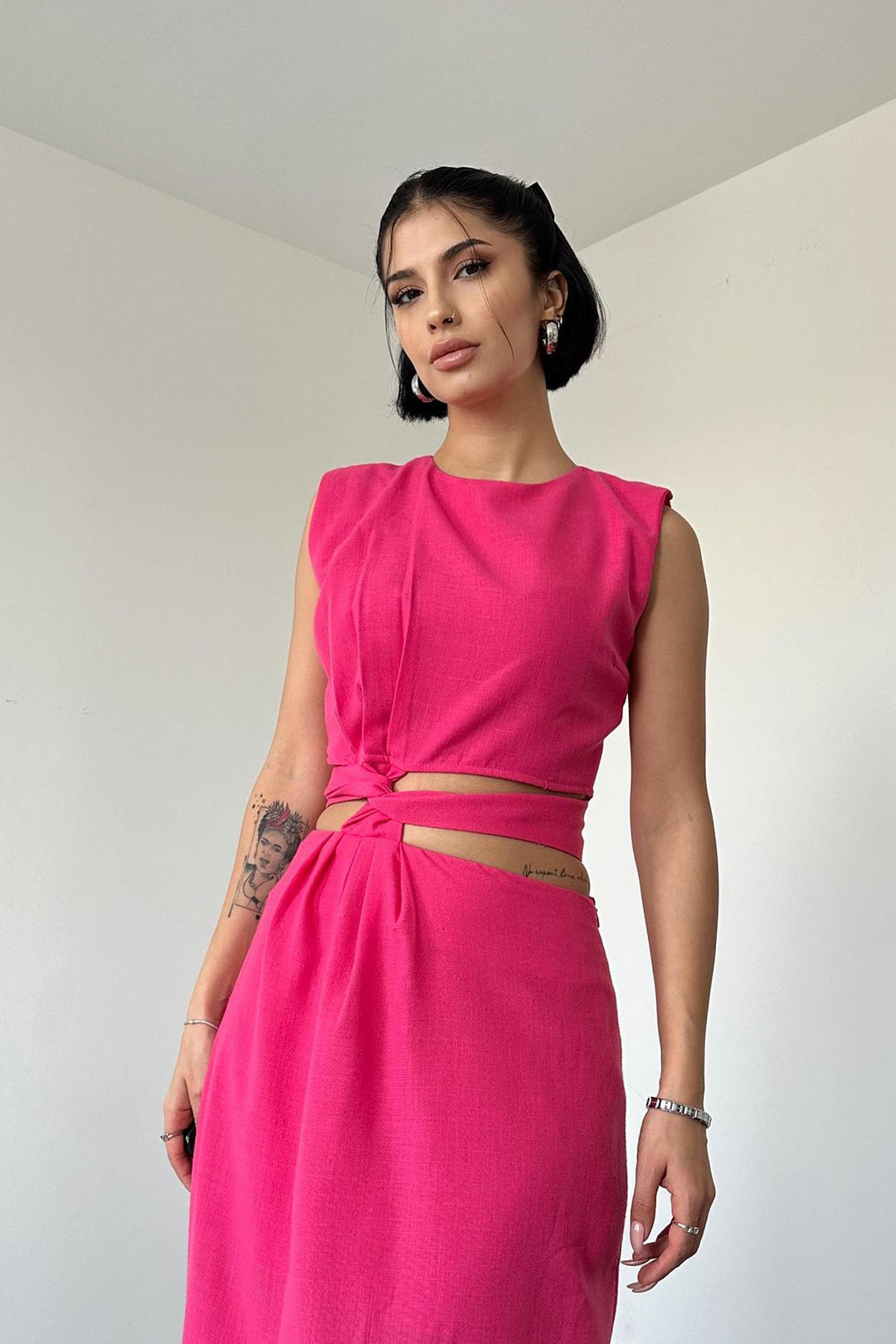 ELS Belted Crop Top and Skirt Set - Fuchsia - Morden