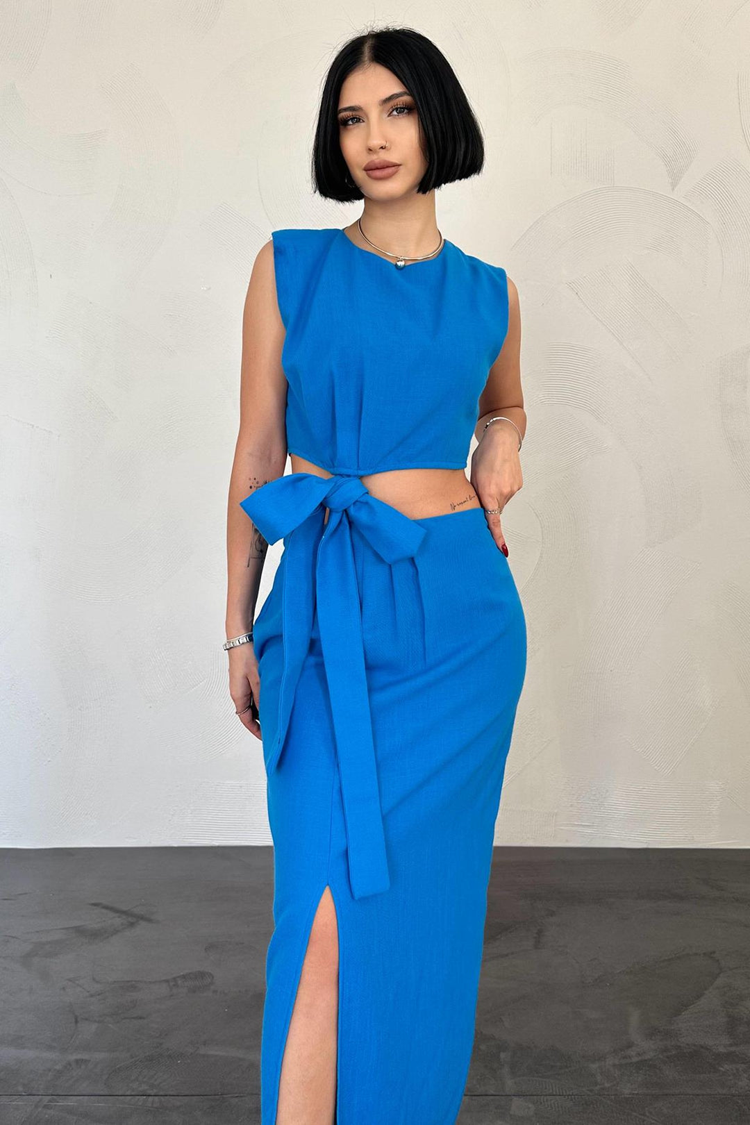 ELS Belted Crop Top and Skirt Set - Turquoise - Bendigo