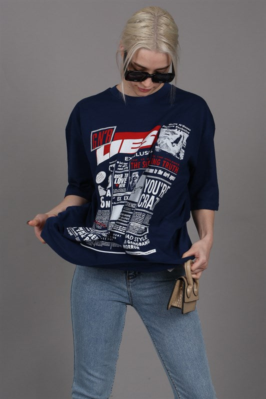 MDX Navy Blue Back Printed Oversized Women's T-Shirt MG1506 - Limoges