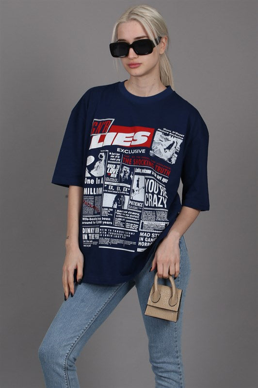 MDX Navy Blue Back Printed Oversized Women's T-Shirt MG1506 - Limoges