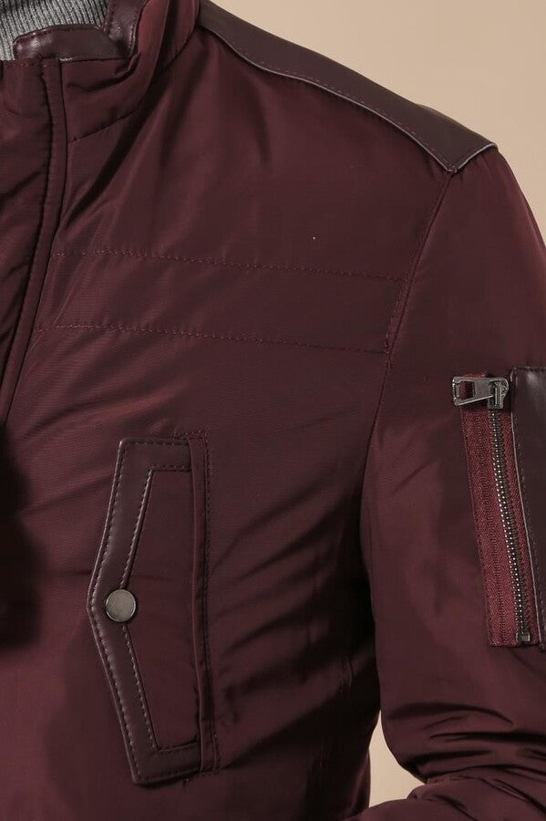 WSS Leather Modeled Burgundy Slim Fit Quilted Jacket  - Singen