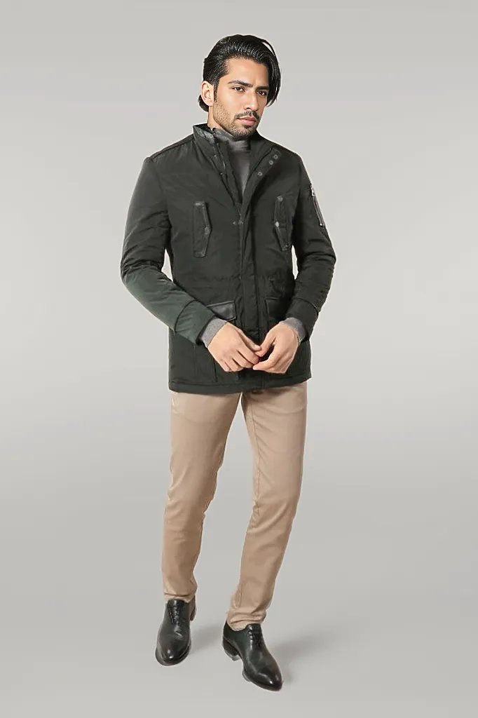 WSS Leather Modeled Green Slim Fit Quilted Jacket  - Singen