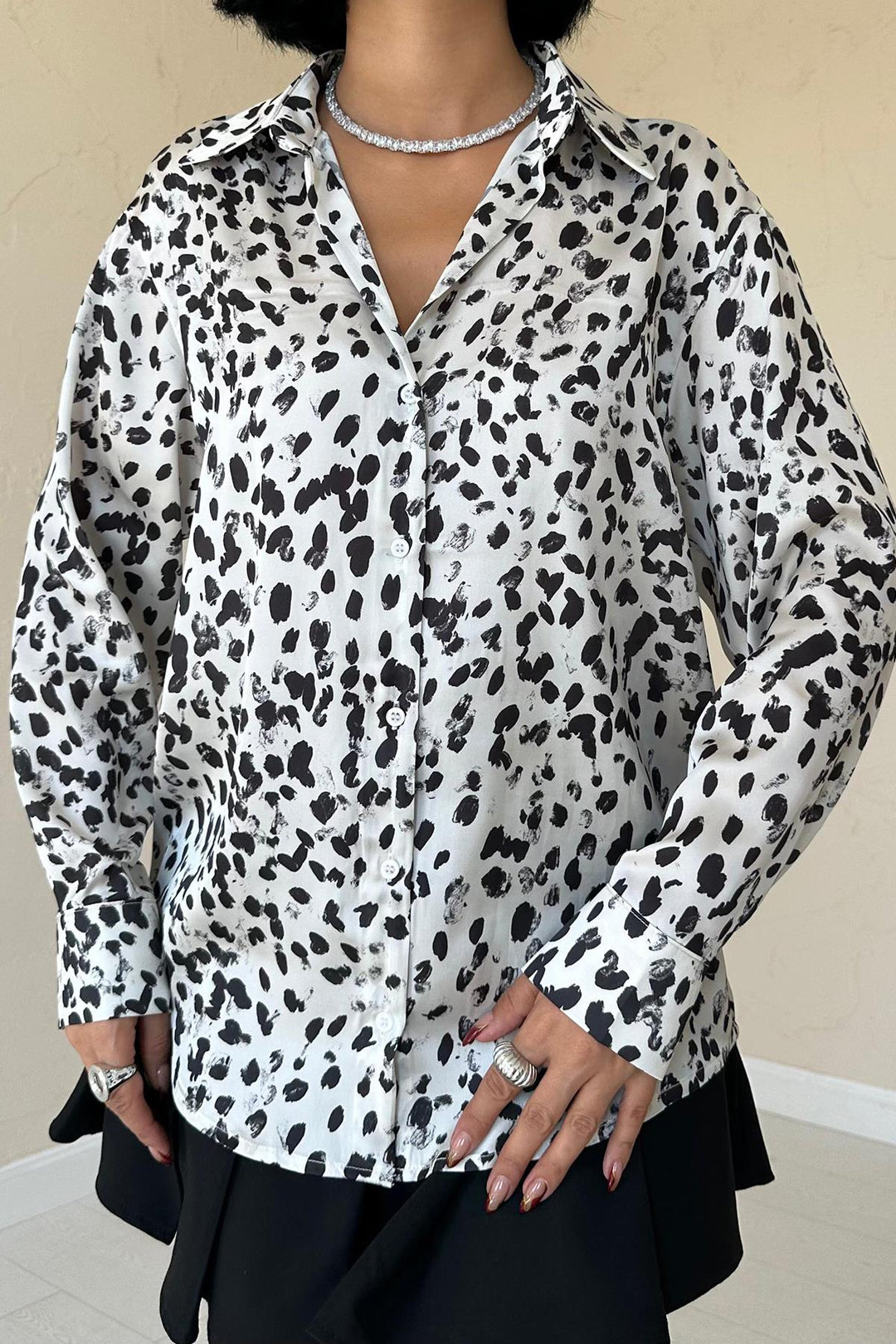 ELS Leopard Print Satin Shirt - Ecru - Oleksandriia