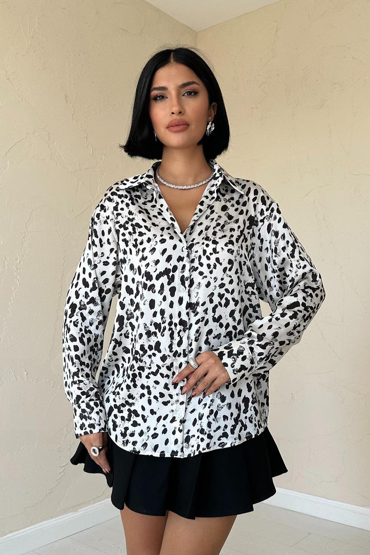 ELS Leopard Print Satin Shirt - Ecru - Oleksandriia