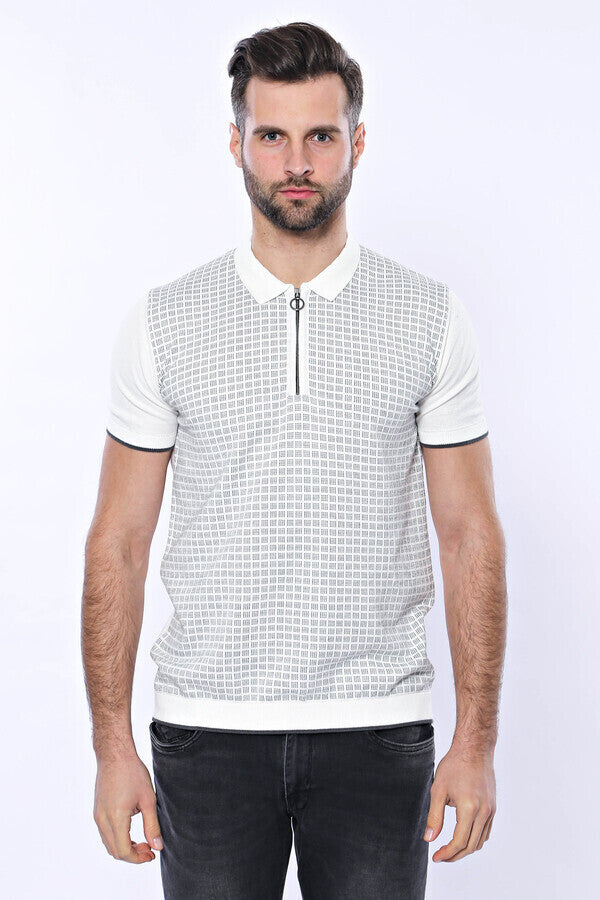 WSS Light Grey Plaid Zippered Knitted Polo T-Shirt  - Singen